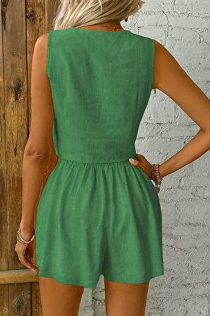 Kadın Kolsuz Askılı V Yakalı önden Düğmeli Ithal Keten Ceket Ve Short Ikili Takım