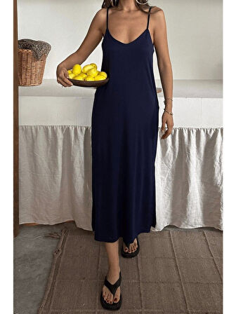 Kadın Siyah Asansör Askılı Çift Yırtmaçlı Helen Elbise