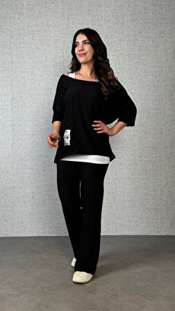 Kadın Kısa Kollu Omuzlardan Açık Yarasa Kollu Bürümcük Bluz Ve Pantolon Ve Viskon Atlet