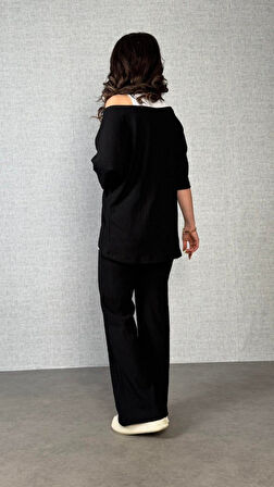 Kadın Kısa Kollu Omuzlardan Açık Yarasa Kollu Bürümcük Bluz Ve Pantolon Ve Viskon Atlet