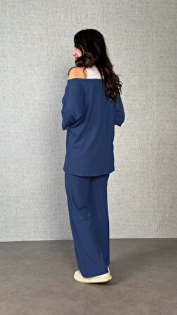 Kadın Kısa Kollu Omuzlardan Açık Yarasa Kollu Bürümcük Bluz Ve Pantolon Ve Viskon Atlet