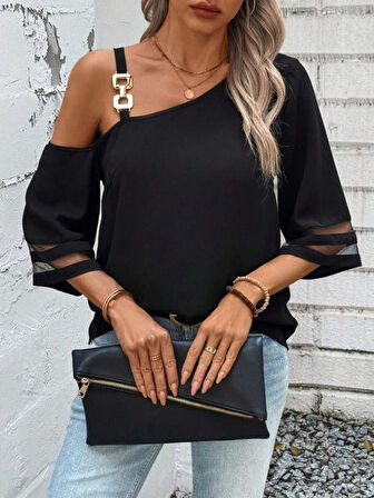 Kadın Askılı Asimetrik Kesim Kol Ve Yaka Kolda Tül Ve Aksesuar Detaylı Janjan Krep Bluz