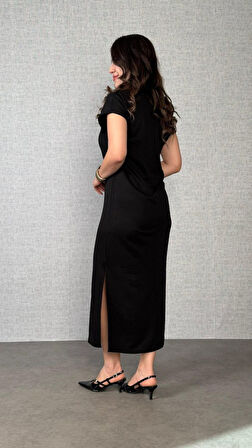 Kadın Kısa Kollu Yakalı Yandan Yırtmaçlı Viskon Iki Iplik Elbise