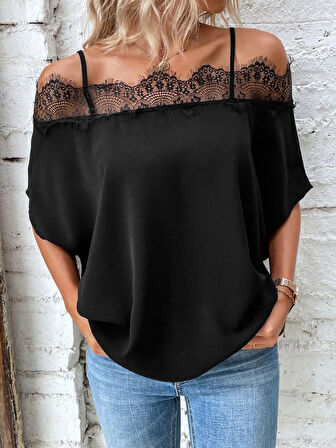 Kadın Askılı Dantel Janjan Krep Bluz