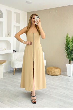 Kadın Askılı Kare Yaka önden Fermuarlı Geniş Kesim Janjan Krep Elbise