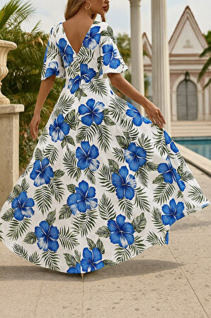 Kadın Kısa Kollu V Yakalı Desenli Süprem Elbise