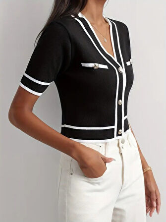 Kadın Kısa Kollu önden Düğmeli Triko Bluz