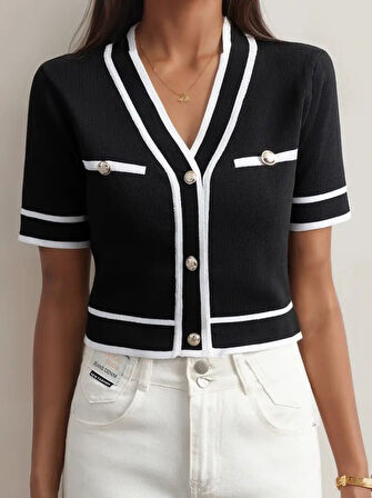 Kadın Kısa Kollu önden Düğmeli Triko Bluz