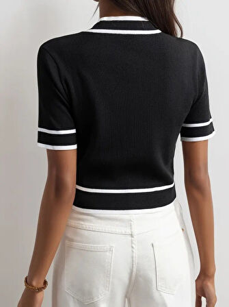 Kadın Kısa Kollu önden Düğmeli Triko Bluz