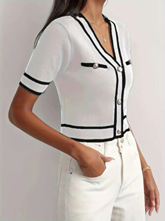 Kadın Kısa Kollu önden Düğmeli Triko Bluz