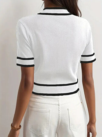 Kadın Kısa Kollu önden Düğmeli Triko Bluz