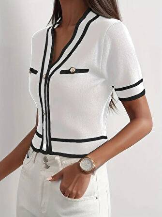 Kadın Kısa Kollu önden Düğmeli Triko Bluz