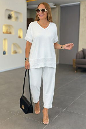 Kadın Kısa Kollu V Yakalı Pul Payetli Viskon Iki Iplik Bluz Ve Pantolon Ikili Takım