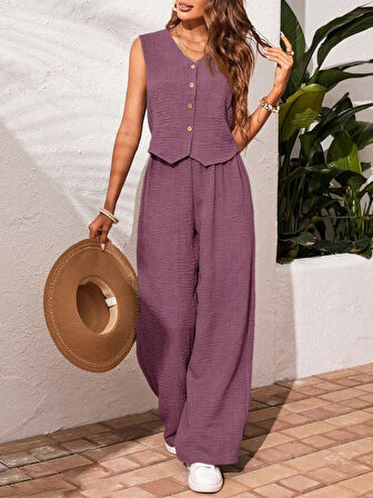 Kadın Sıfır Kollu Düğmeli Yelek Ve Pantolon Bürümcük Ikili Takım