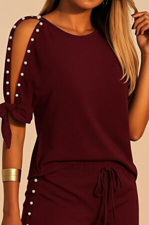 Kadın Kısa Kollu Bisiklet Yaka Yarı Açık Omuz Inci Detaylı Short T-shirt Viskon Ikili Takım