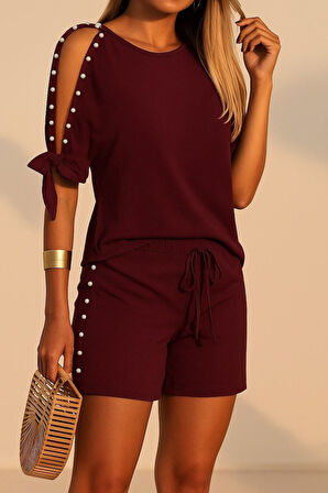 Kadın Kısa Kollu Bisiklet Yaka Yarı Açık Omuz Inci Detaylı Short T-shirt Viskon Ikili Takım