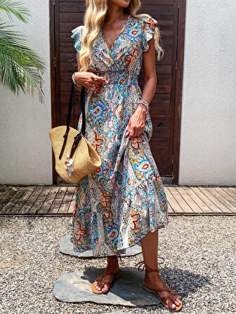 Kadın Kısa Kollu Kruvaze Yakalı Desenli Maxi Elbise