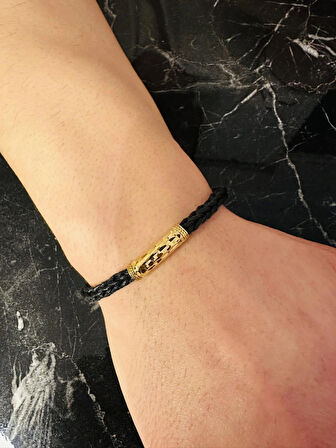 Gümüş Erkek Bileklik , Deri Örgü Özel Tasarım, Işıltı Desen altın Kaplama, Şık Hediye