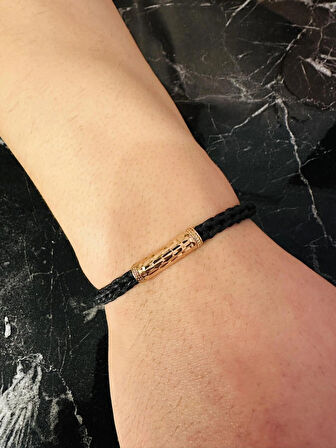 Gümüş Bileklik, Erkek Deri Bileklik, Özel Tasarım Rose Altın Kaplama Işıltı Desen, Şık HEdiye