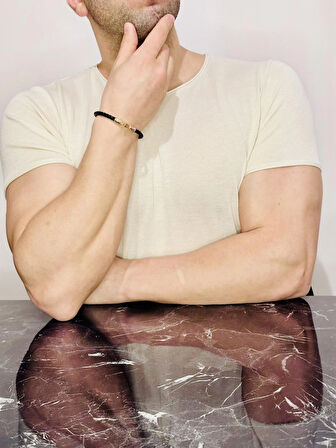 Altın Kaplama Erkek Deri Bileklik, Örgü Kordonlu Şık Kombin, Işıltılı Desen Özel Tasarım Bileklik