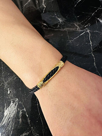  Erkek Gümüş Bileklik Deri Örgü El Yapımı Gold Altın Kaplama Işıltılı Şık Takı Kişiye Özel Hediye