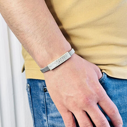 Gümüş Erkek Bileklik,14k Beyaz Altın Kaplama,ışıltılı Desen Gümüş Ve Kararmaz Çelik Bant,Şık Hediye