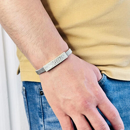 Gümüş Erkek Bileklik,14k Beyaz Altın Kaplama,ışıltılı Desen Gümüş Ve Kararmaz Çelik Bant,Şık Hediye