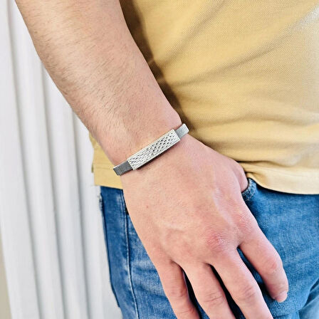 Gümüş Erkek Bileklik,14k Beyaz Altın Kaplama,ışıltılı Desen Gümüş Ve Kararmaz Çelik Bant,Şık Hediye