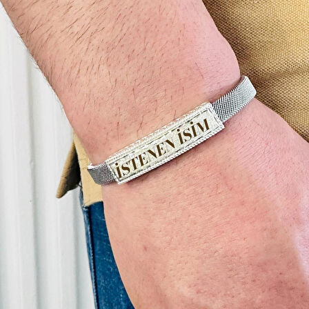 Gümüş Erkek Bileklik,14k Beyaz Altın Kaplama, Işıltılı Desenli Isim Yazılabilir Tasarım