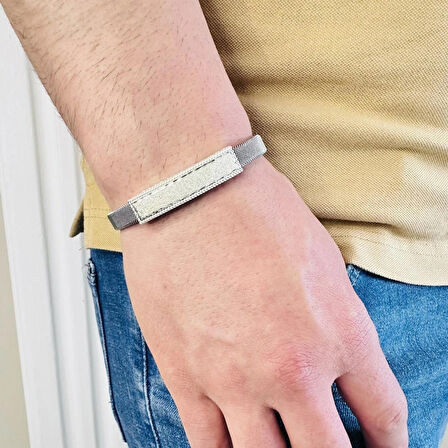 Gümüş Erkek Bileklik,14k Beyaz Altın Kaplama, Işıltılı Desenli Isim Yazılabilir Tasarım