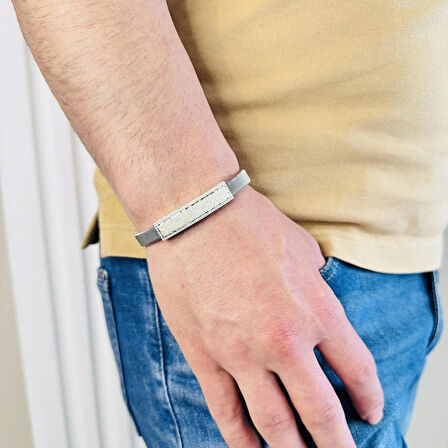 Gümüş Erkek Bileklik,14k Beyaz Altın Kaplama, Işıltılı Desenli Isim Yazılabilir Tasarım