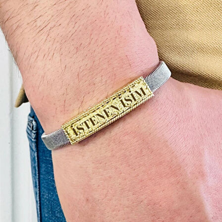 Gümüş Erkek Bileklik ,14k Altın Kaplama ,sim Desen Isim Yazılabilir Şık Hediye