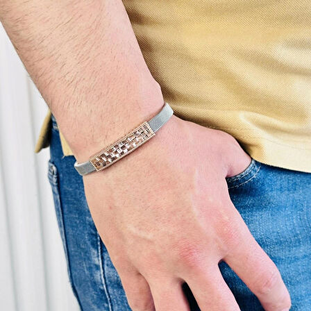 Gümüş Erkek Bileklik,14k Rose Altın Kaplama, Şık Hediye