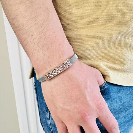 Gümüş Erkek Bileklik,14k Rose Altın Kaplama, Şık Hediye