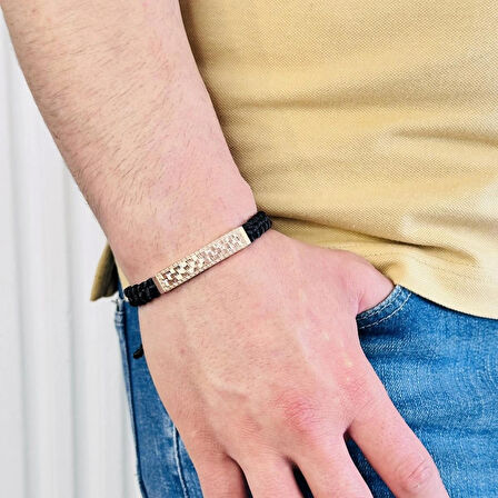 Gümüş Erkek Bileklik,14k Rose Altın Kaplama,ışıltılı Desen El Örgüsü Bileklik,şık Hediye