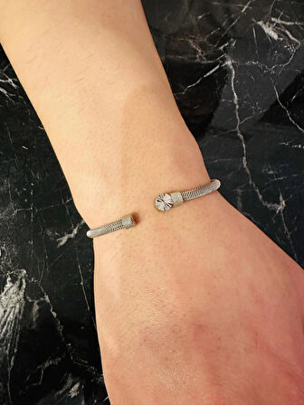 Gümüş Erkek Bileklik,14 Ayar Beyaz Altın Kaplama,Işıltılı Desenli Kararmaz Çelik Bant