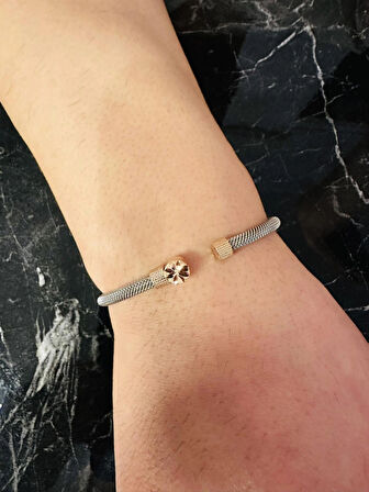  Gümüş Erkek Bileklik 14 Ayar Rose Altın Kaplama Işıltılı Desenli Kararmaz Çelik Bant