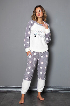 Nisanca Desenli Tam Peluş Kışlık Yılbaşı Kadın Pijama Takımı 