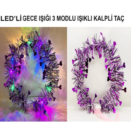 Kalp Püsküllü Gece Parıltısı 3 Modlu LED'li Işıklı Taç Mor Renk -MİRAYLİFE