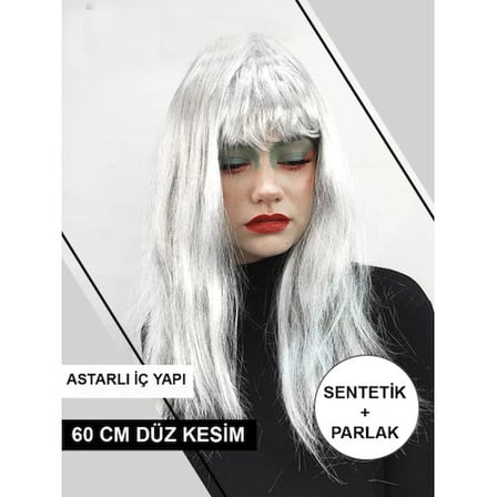 Platin Gri Gümüş Renk Uzun Parti Peruğu Uzun Takma Peruk -MİRAYLİFE