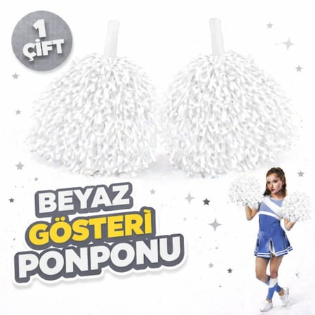 1 Çift ( 2 Adet ) Beyaz Renk 23 Nisan 19 Mayıs 29 Ekim Okul Gösteri Ponponları Ekstra Dolgun -MİRAYLİFE