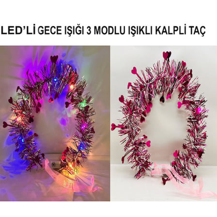 Kalp Püsküllü Gece Parıltısı 3 Modlu LED'li Işıklı Taç Fuşya Renk -MİRAYLİFE