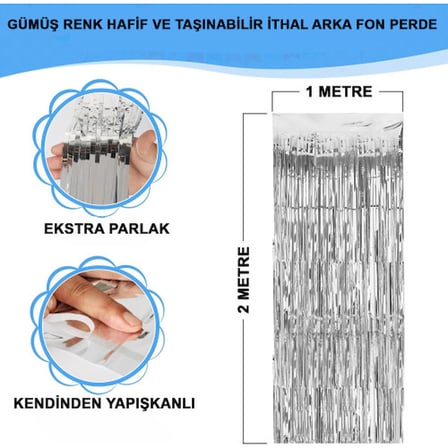 Gümüş Renk Ekstra Metalize Parlak Saçaklı Arka Fon Perde İthal A Kalite 1x2 Metre -MİRAYLİFE