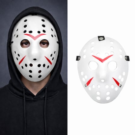 Beyaz Renk Kırmızı Çizgili Tam Yüz Hokey Jason Maskesi Hannibal Maskesi -MİRAYLİFE