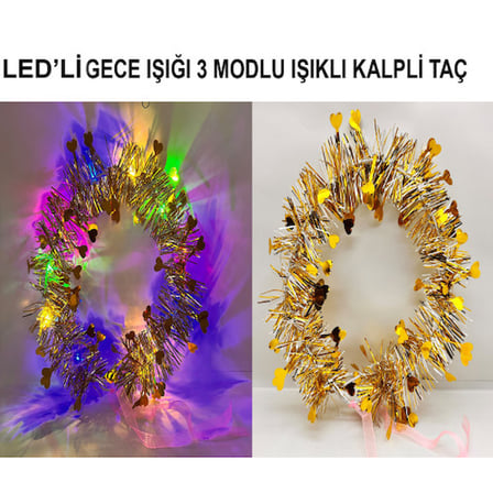 Kalp Püsküllü Gece Parıltısı 3 Modlu LED'li Işıklı Taç Altın Renk -MİRAYLİFE