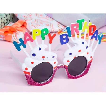 Happy Birthday Yazılı Beyaz Fuşya Renk Beyaz Pastalı Parti Gözlüğü 12x7 cm -MİRAYLİFE