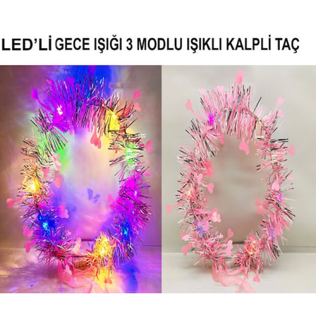 Kalp Püsküllü Gece Parıltısı 3 Modlu LED'li Işıklı Taç Pembe Renk -MİRAYLİFE