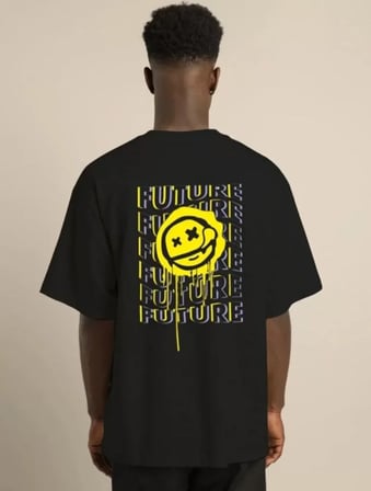 Unisex Bisiklet Yaka Baskılı Oversize T-Shirt - Siyah