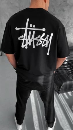 Unisex Bisiklet Yaka Baskılı Oversize T-Shirt - Siyah