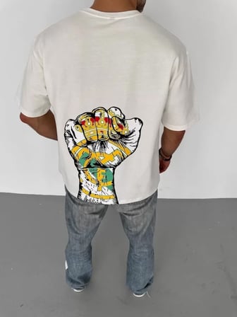 Unisex Bisiklet Yaka Baskılı Oversize T-Shirt - Beyaz